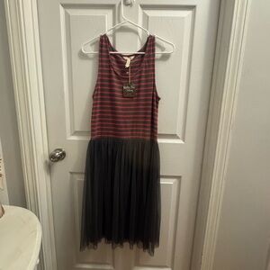 Matilda Jane Red and Grey Striped Bodice with Grey Tulle Skirt Dress